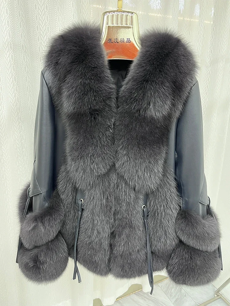 2024 New Women Winter Real Natural Fox Fur Coat Jacket Goose Down Jacket Genuine Leather Luxury Thick Warm Female Coats