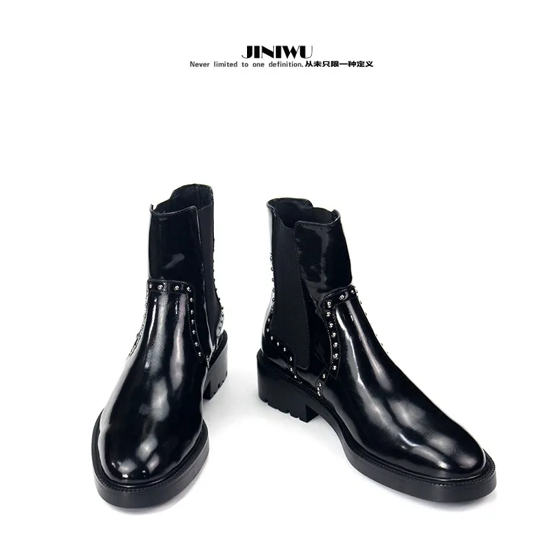 JINIWU 2026 Autumn Winter Thick Sole Chelsea Boots Rivet Cowhide Casual Leather Boots Elevator Mid Calf Slip On Men Boots
