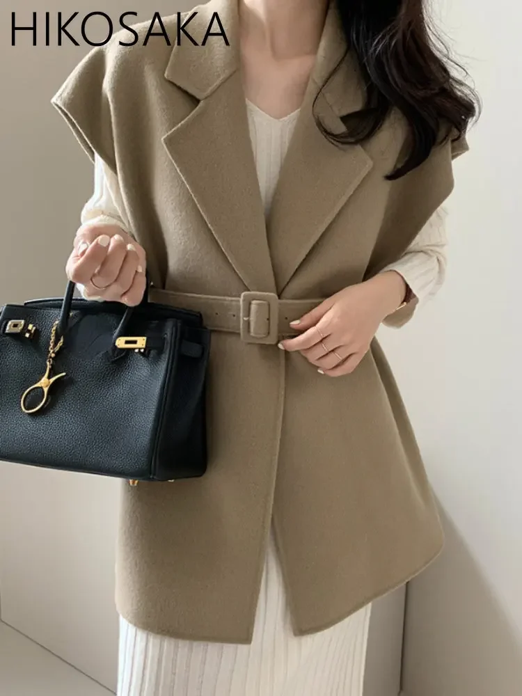 Korean Chic Autumn Winter Vintage Elegant Vests Women Notched Collar Belt Slim Wasit Sleeveless Jacket Solid Office Lady Coats