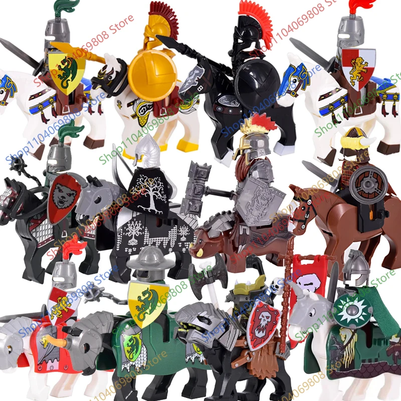 Medieval Knight Figure Building Blocks Castle Cavalry Horses Armor Soldiers Roman Warriors Mount War Wolf Orc Boy Toys Gifts N25