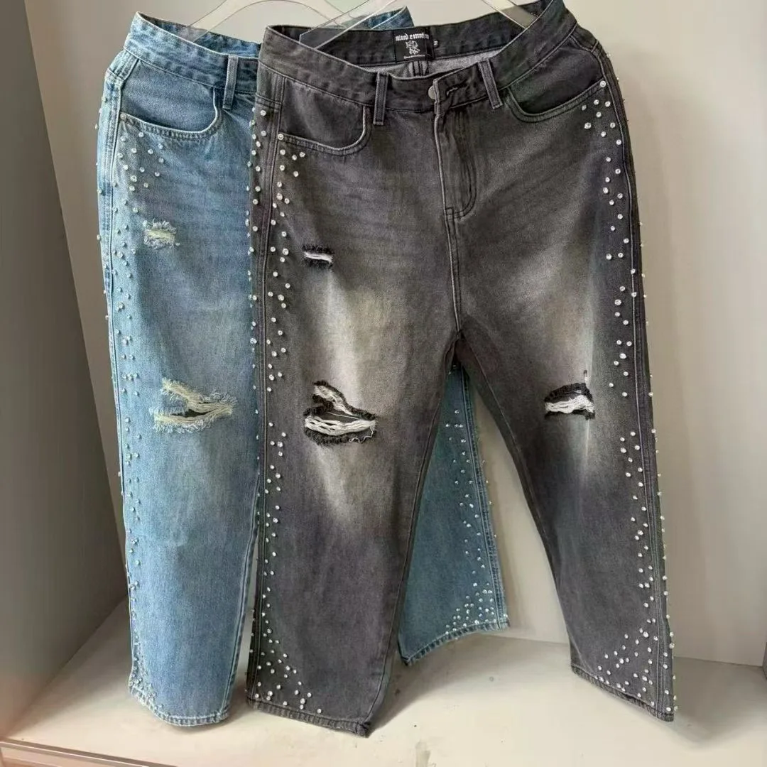 

Джинсы Mixed Emotion 2026 New Sle Heavy Embellished, износостойкие, прямого кроя, в американском уличном стиле, из хлопка со стрейчем Z...