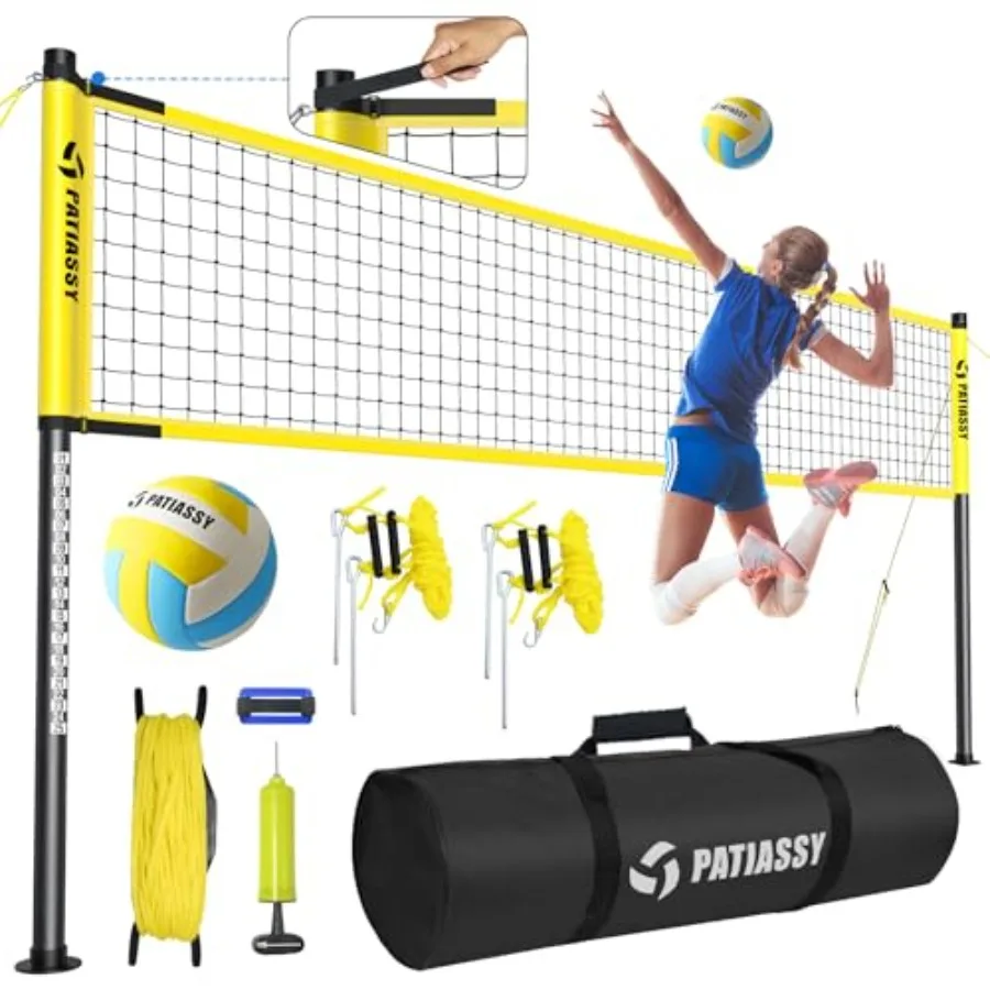 

Outdoor volleyball net set with height-adjustable steel frame black polyester mesh anti-sag strap easy setup includes steel sta