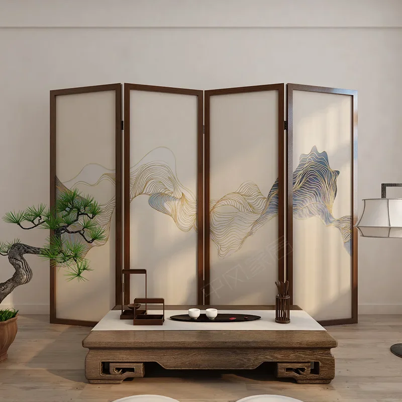 Screen partition living room new Chinese folding screen folding mobile tea room modern office hotel solid wood gold line landsca