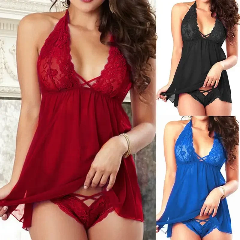 

Porno Women Sexy Lingerie Dress Halter Lace V-neck Backless Sleepwear Summer Nightwear Women's Sleep Nightdress