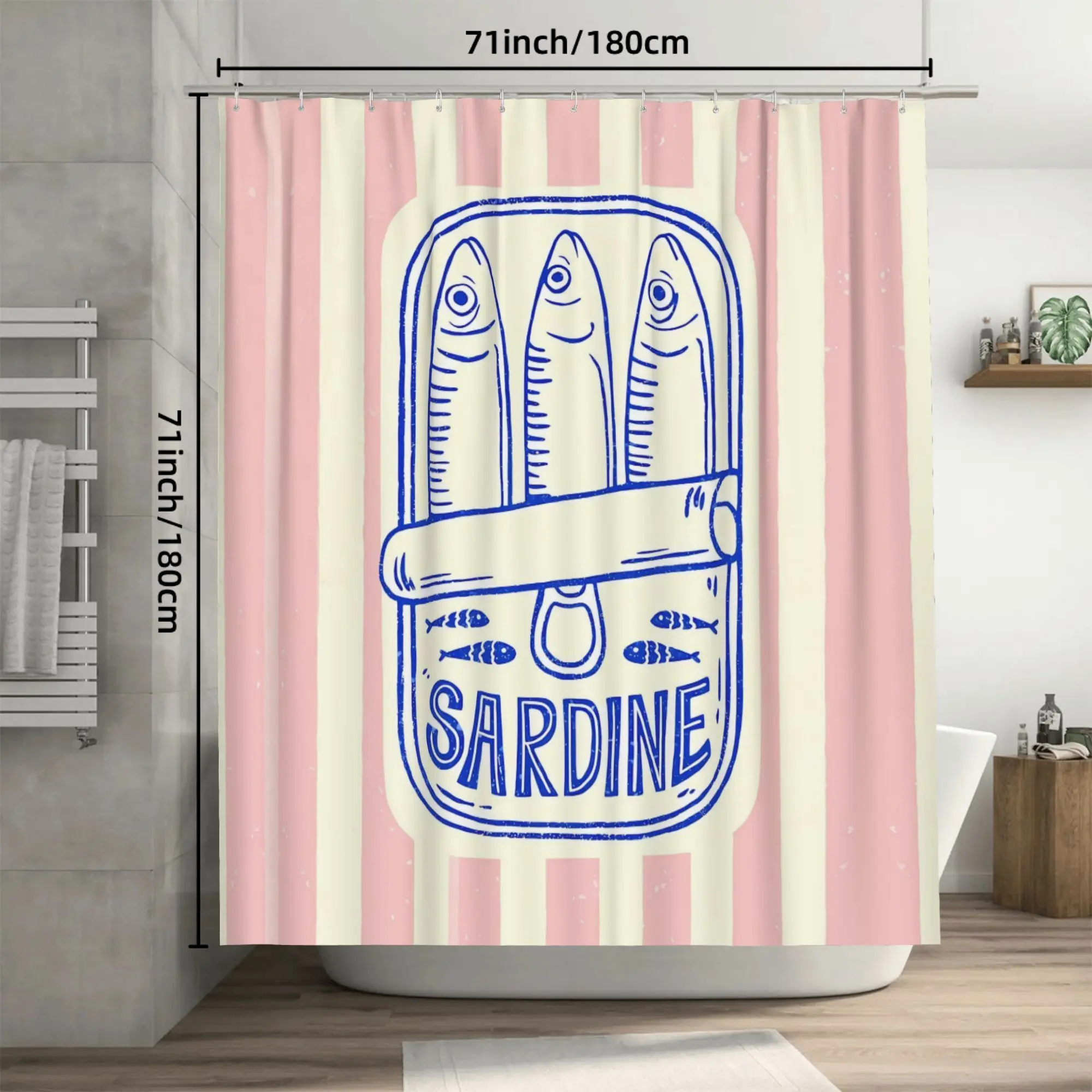 

«Ретро занавеска для душа с сардина» — винтажные розовые полоски с дизайном синей рыбы, уникальный декор для кухни или ванной комнаты