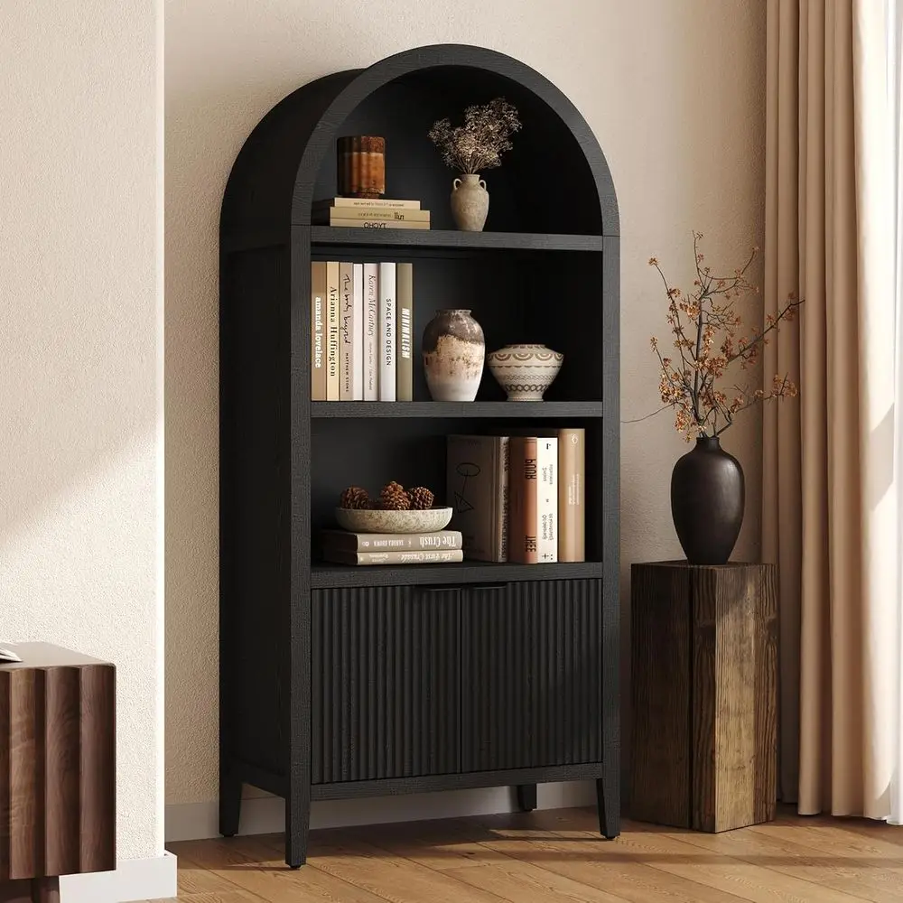 Yusong 71" Tall Arched Bookcase, 5-Tier Arched Bookshel, Black Bookshel, Arch Cabinet Display Cabinet with luted Doand Shelves,