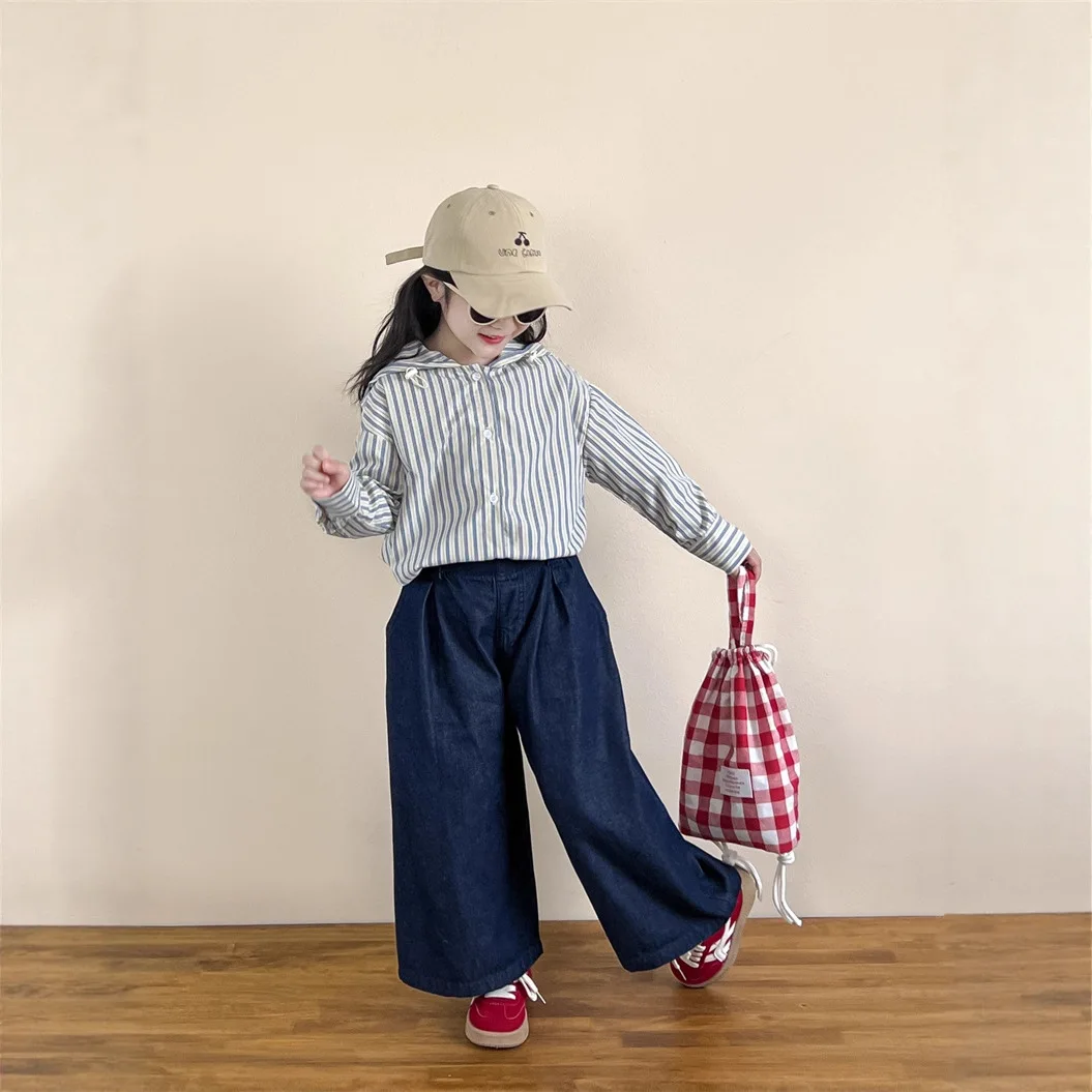 Camisa de manga larga con capucha a rayas coreanas para niñas, cubierta de pantalones vaqueros suaves de pierna ancha recta de cintura alta, primavera y otoño