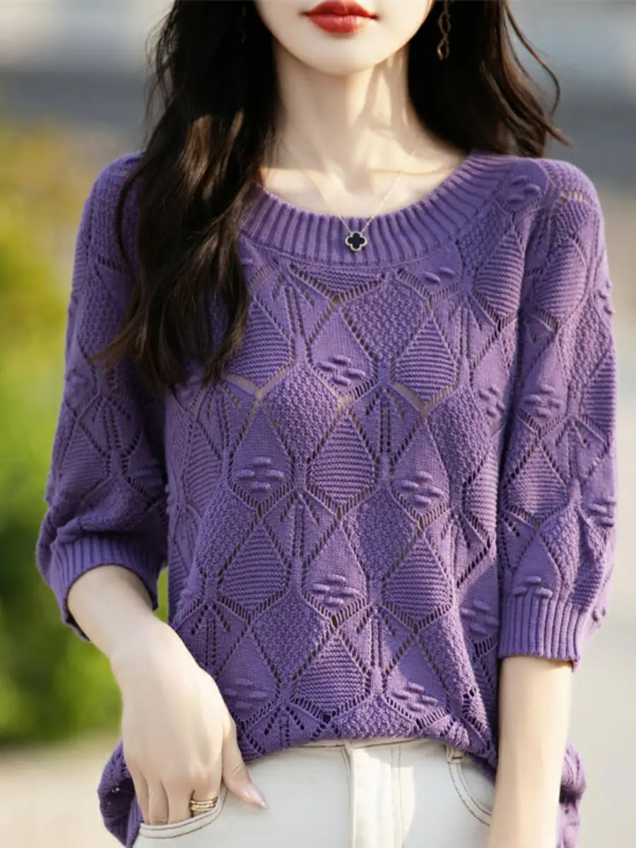 

Pure Cotton Hollow out ort Sve T-irt Women's round Ne Loose f Sve Knitted Top Comfortable Breathable Summer irt