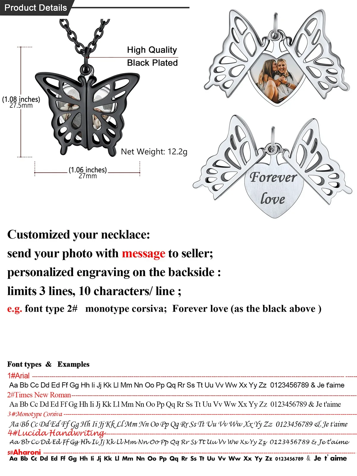 U7 Custom Angel Wings Photo Locket Necklace for Woman Stainless Steel Butterfly Rose Heart Pendant Personalized Jewelry for Her