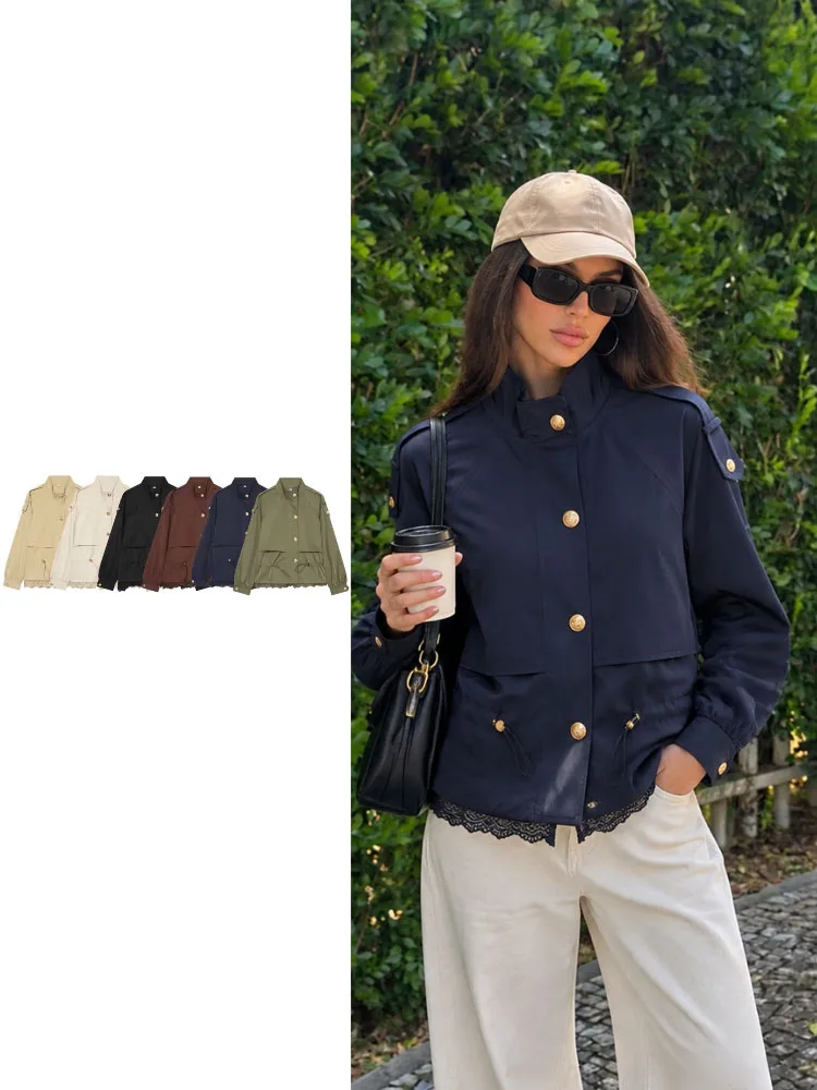 HH Vacation Getaway Multi Color Jacket Women Spring Autumn Lace Hem Gold Button Outdoor Travel Casual Chic Stylish Cozy Jacket
