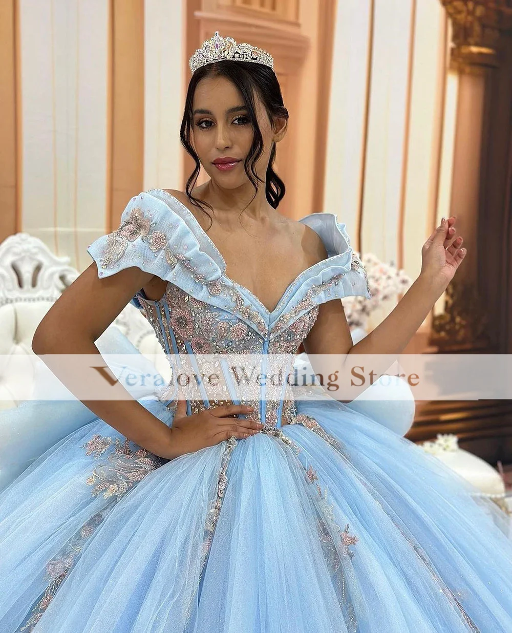 Vestido De quinceañera con hombros descubiertos, apliques De encaje, azul claro, dulce, 16, 15 Años