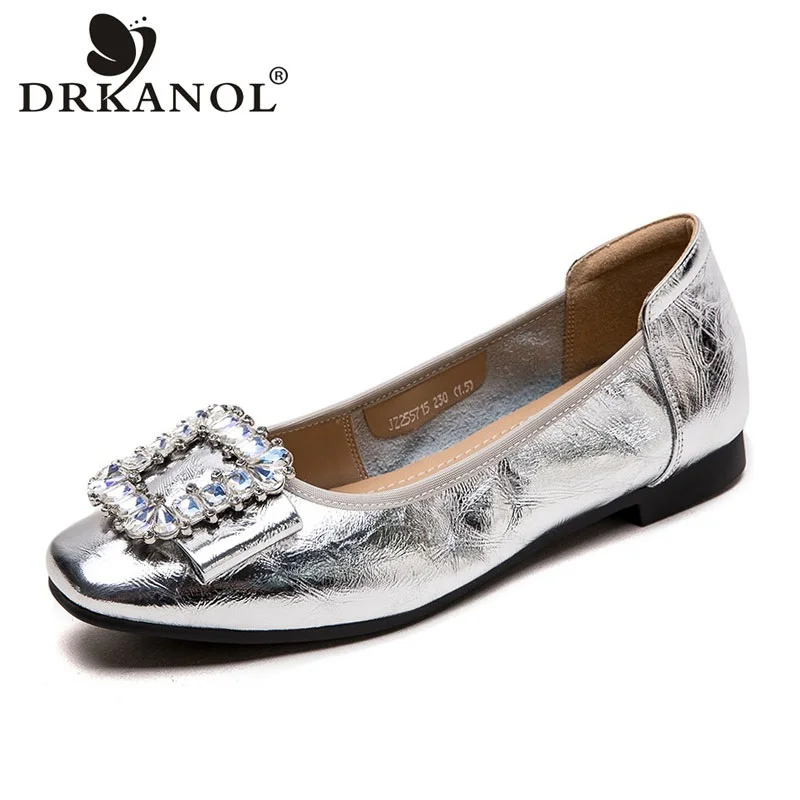 DRKANOL Fashion Women Flat Shoes Shallow Hand Scratch Pattern Genuine Leather Square Toe Shining Rhinestone Shallow Casual Shoes