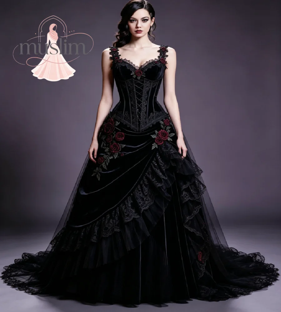 Medieval Enchantress Black Gothic Wedding Dress Off Shoulder Velvet Corset Burgundy Rose Florals Halloween Bride Gowns Lace
