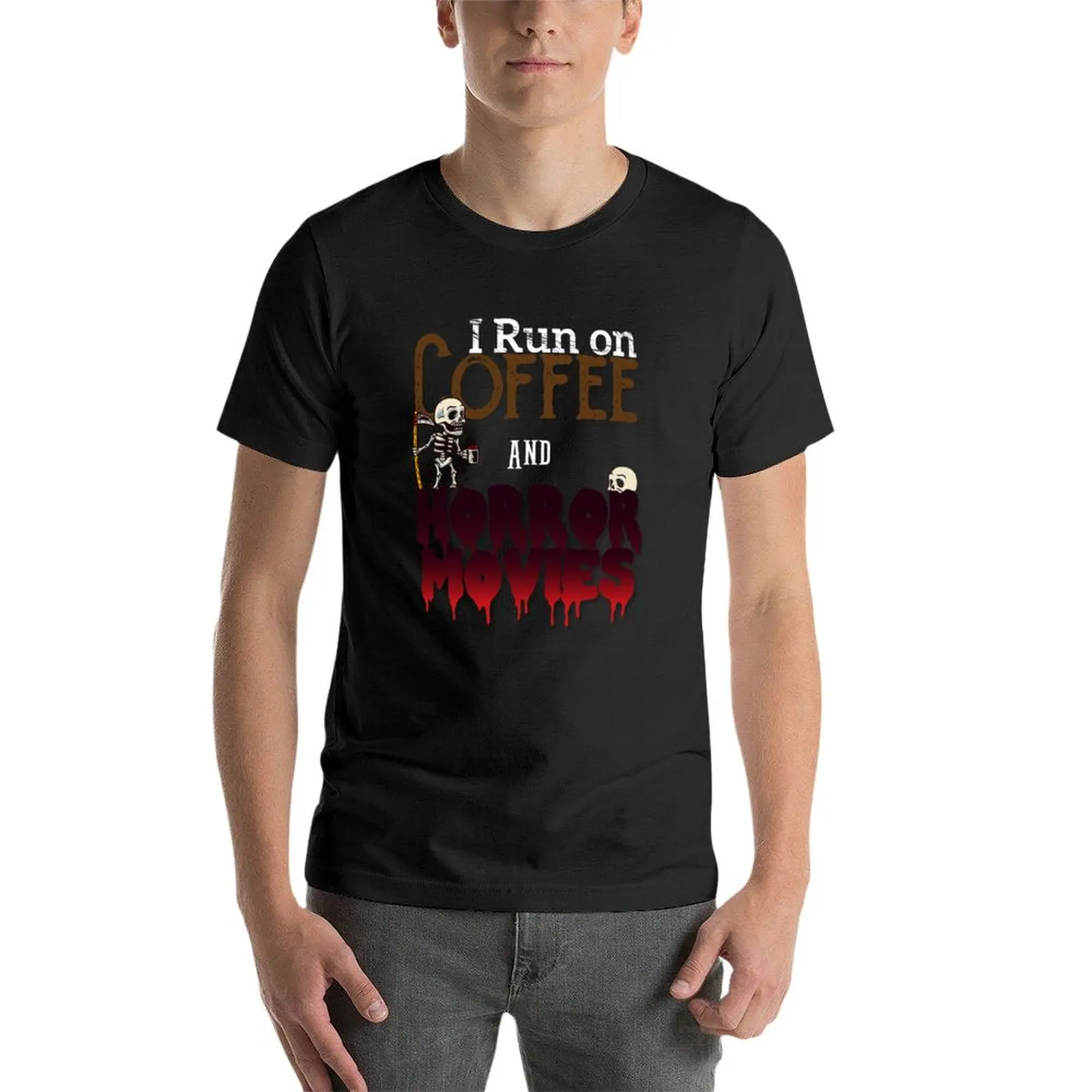 I run on coffee and horror movies - Funny Costume Gift For Coffee & Halloween Fans T-shirt quick-drying fitted t shirts for men image 4