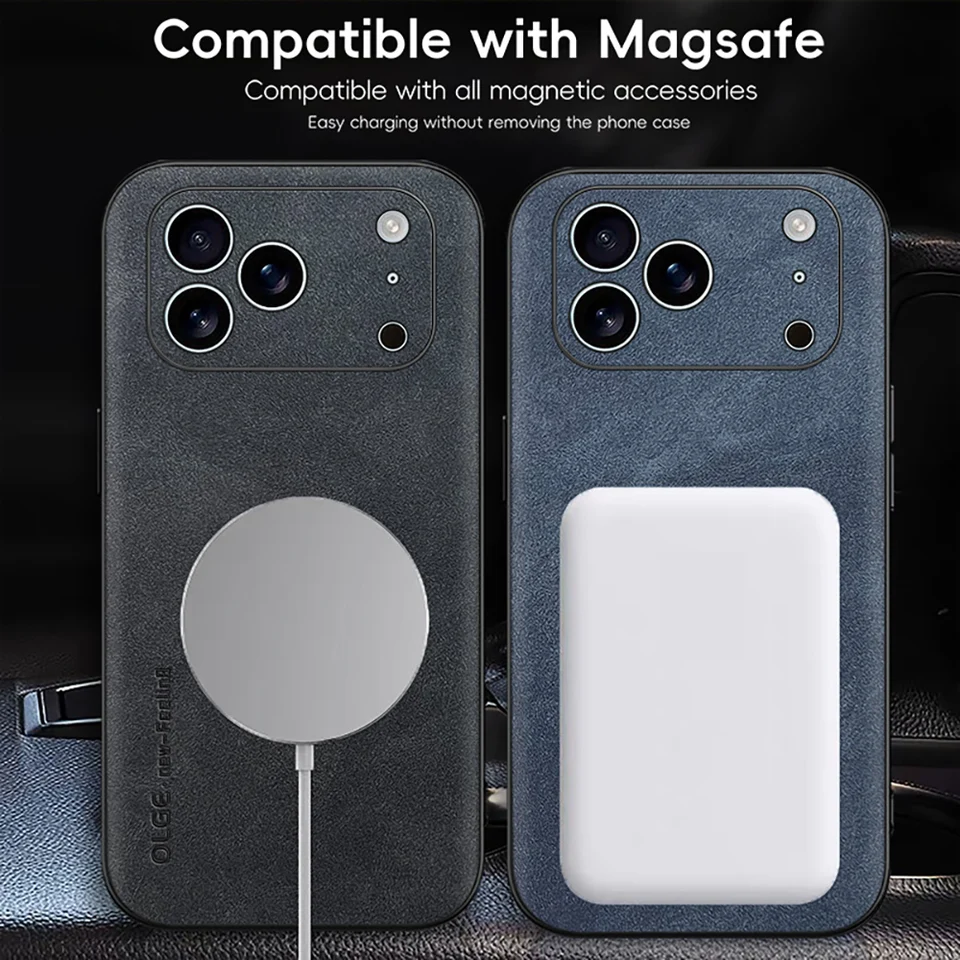 Funda de cuero con Magsafe a prueba de golpes para iPhone 17 16 15 14 13 12 11 Pro Max 16e Plus Air Carga inalámbrica magnética 2