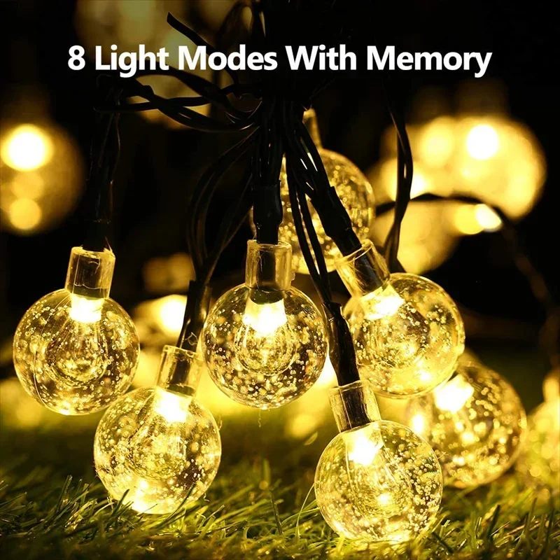 Solar LED Crystal Globe String Lights Waterproof Festoon 8 Modes Outdoor Garden Party Tree Decoration