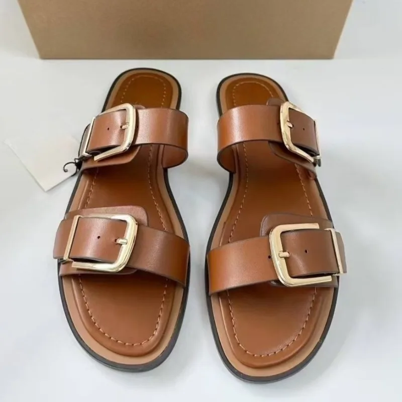 Open Toe Women Roman Sandals Retro Flat Bottom Leisure Vacation Summer Beach Shoes Fashion Double Buckle Strap Brand Footwear
