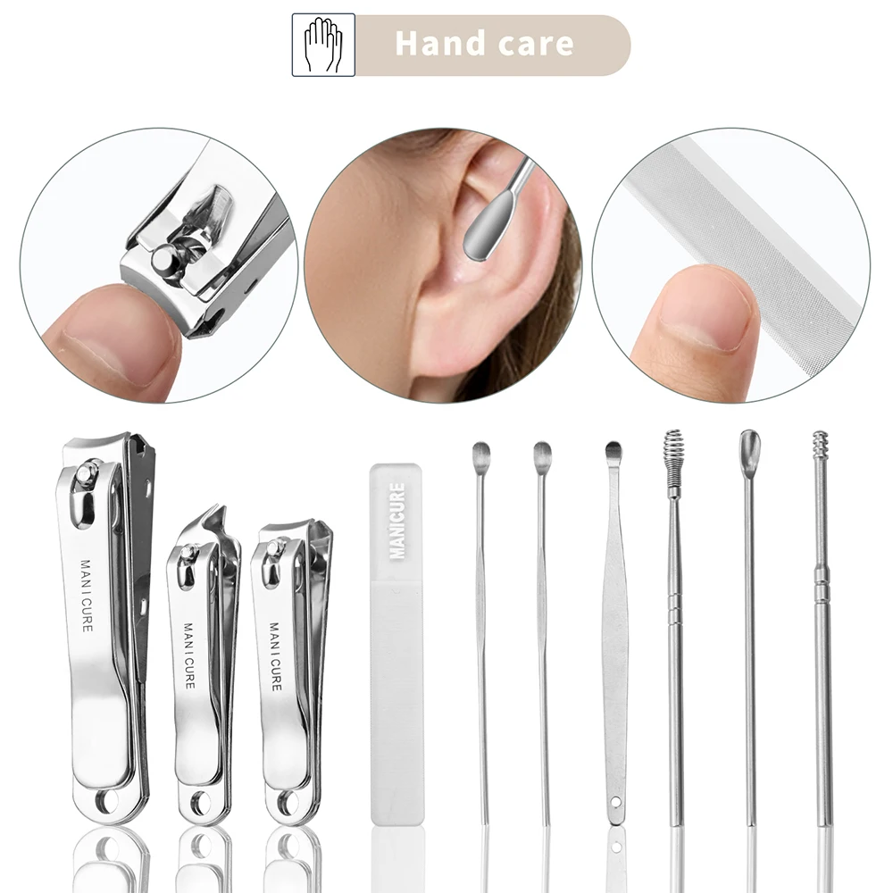 Juego de manicura con Funda de cuero, kits de herramientas profesionales para el cuidado de los pies y las manos, cortaúñas de acero inoxidable, tijeras para cejas, 6-10 Uds.