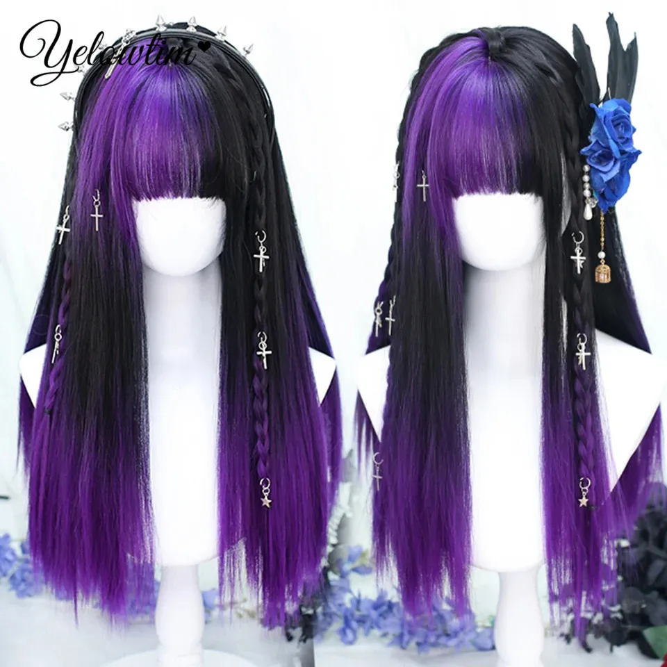 YELOWTIM Synthetic Long Straight Lolita Wig with Black Purple Bangs Wig Cute Blonde Brown Cosplay Party Halloween Harajuku Wig