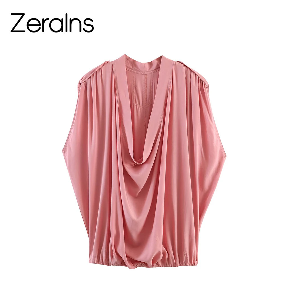 

ZERAINS Summer new women's sleeveless hanging neckline pleated decoration straight tube puffy hem top