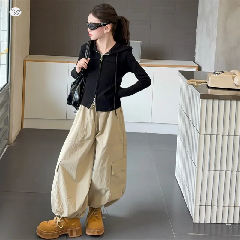 Wide-leg Pants Zipper Hooded Cardigan Coat Set Korean Loose Casual Grils Children Autumn Spring Autumn Solid Fashionable