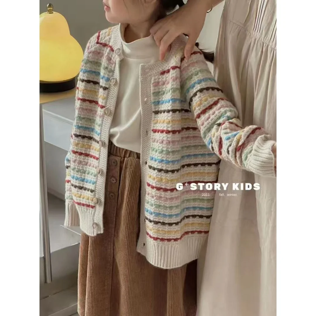 

Children's Girl Knit Sweater Colorful Striped 2026 Autumn/Winter Medium-to-Large Kids Pullover Outerwear Fashion Long Sleeve Top