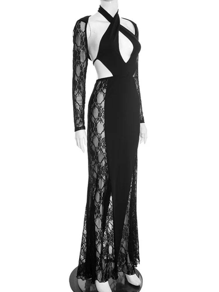 Wmstar vestidos para mulheres atacado vestido feminino sexy renda halter e cordão emparelhado manga comprida xale gota compras