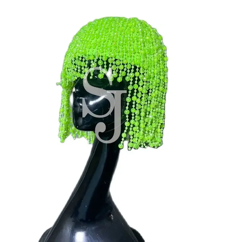 女性グリーン帽子タッセルビーズチェーンウィッグコスプレステージパフォーマンスアクセサリーフェスティバル衣装ドラッグクイーン衣装 XS6230