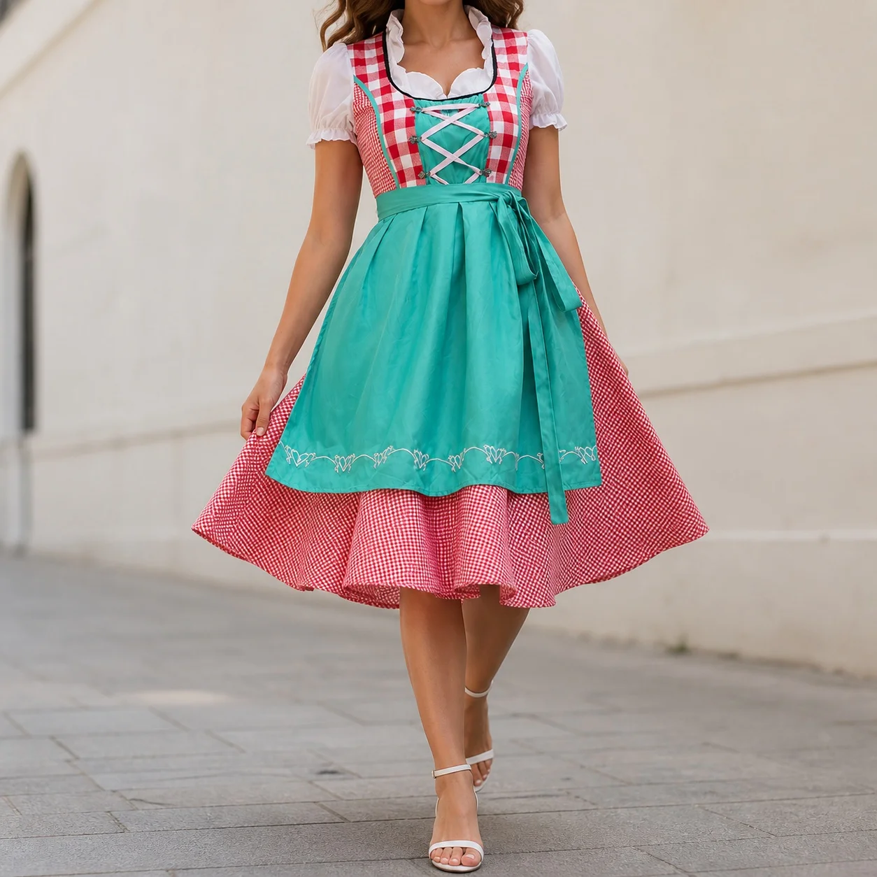 women's-plaid-retro-ethnic-print-midi-dress-with-v-neck-short-sleeves-a-line-silhouette-sash-belt-and-embroidered-hem-for