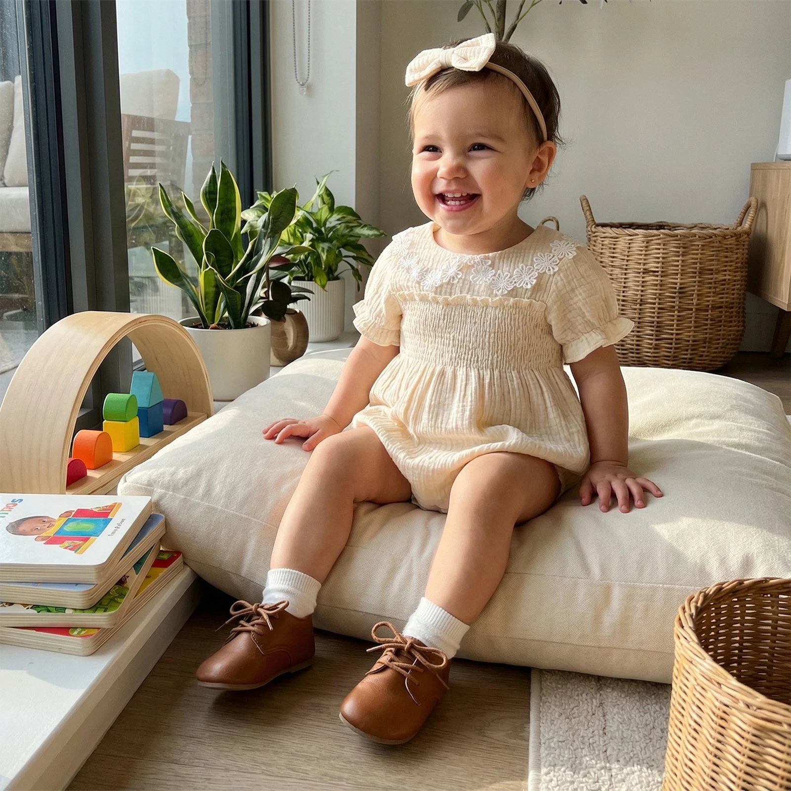 Sweet Newborn Baby Girls Summer Rompers Lace Flower Trim Short Bubble Sleeve Smocked Jumpsuits with Headband Outfits