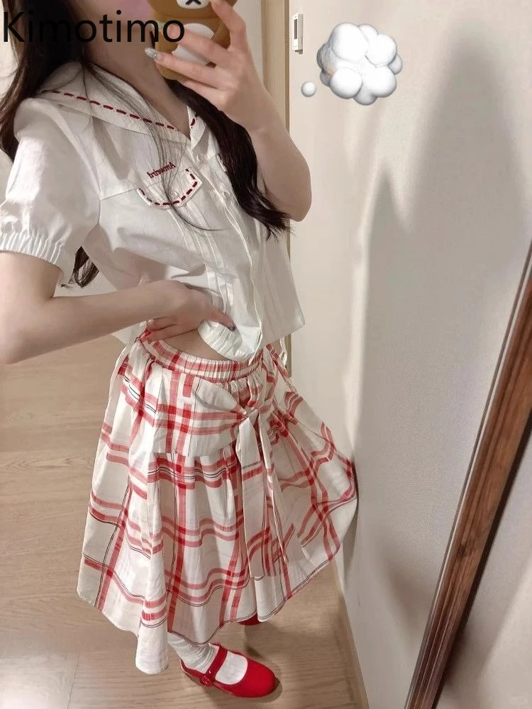 

Японская винтажная красная клетчатая юбка Kimotimo для женщин, лето 2026, с завышенной талией, бантом и завязками, А-силуэт, миди, универсальная, в стиле Y2K, Faldas