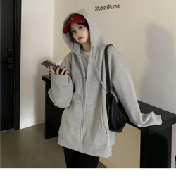 Harajuku Korean Women Hoodies Zip Up Coat Oversized Loose Sweatshirts Casual Solid Long Sleeve Sweatshirt Coats Hooded Jacket