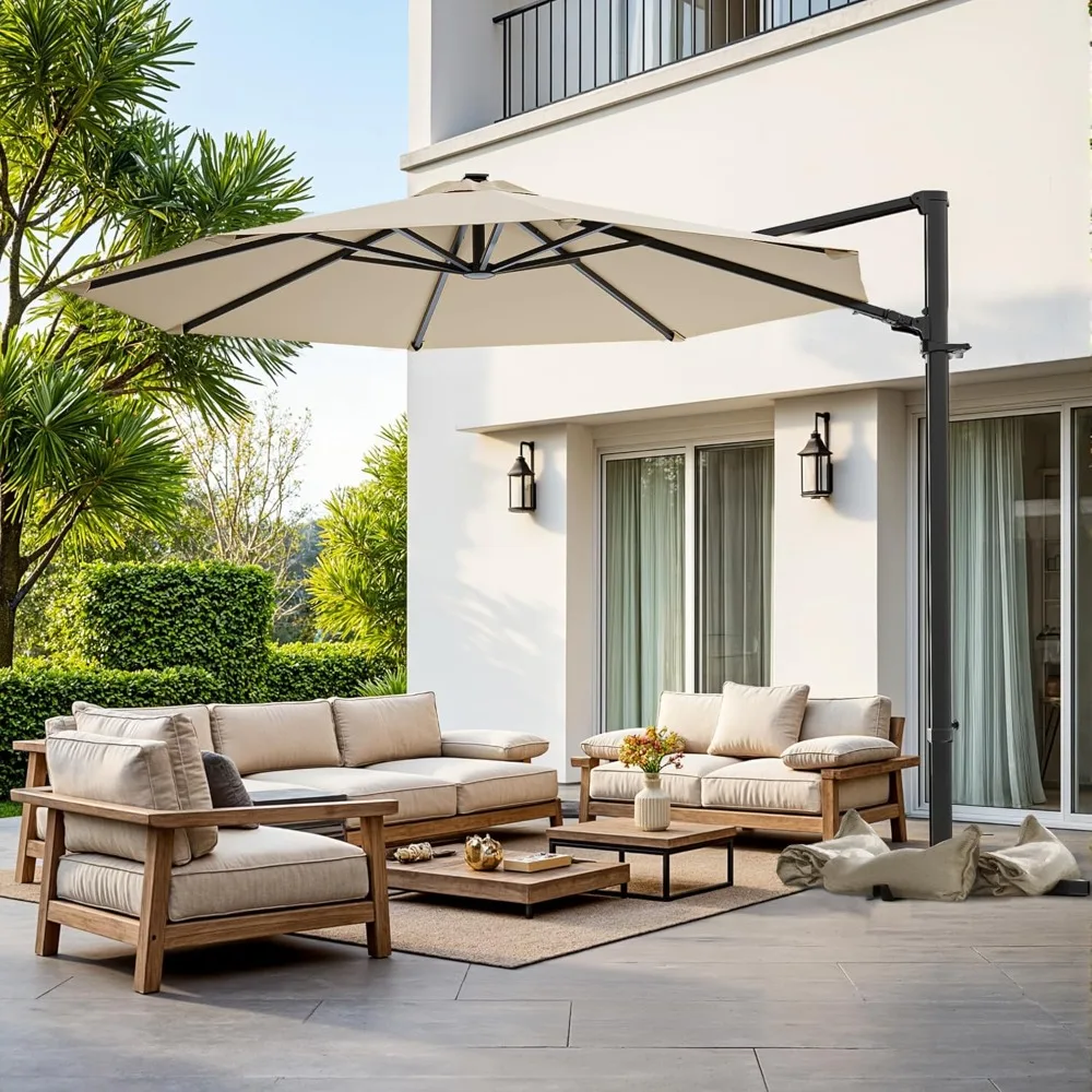 

10FT Outdoor Patio Umbrella with High Pedel and 4 Gear Heights, Large Offset Market Umbrella with 360-degree Rotation.
