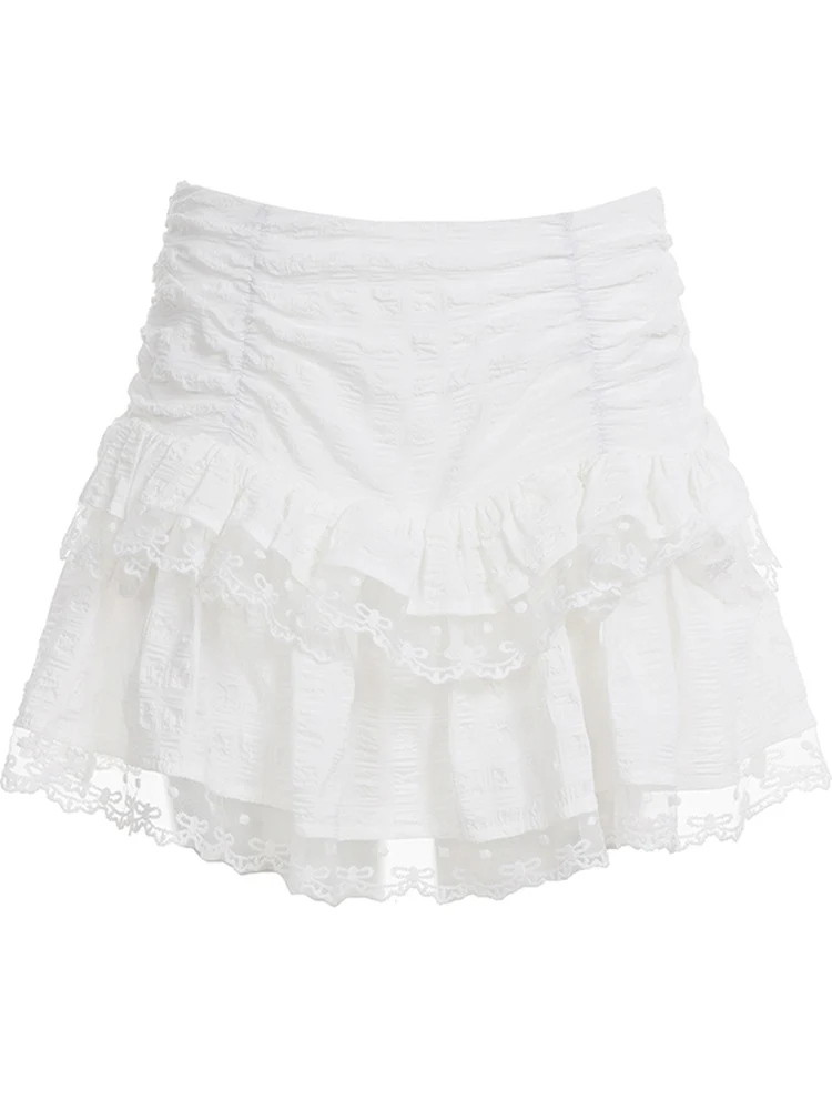 Romore Sweet Princ Sle Falda de pastel hinchada de cintura alta con empalme de encaje blanco Falda ort de línea A Material de nailon de poliéster