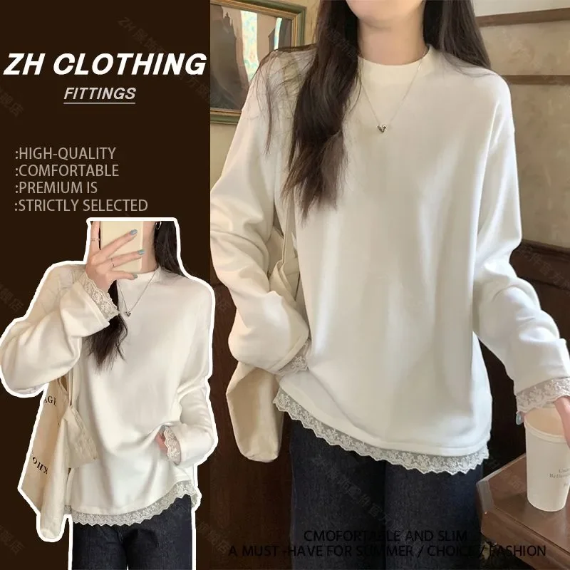 

Autumn Winter Inner Layering Shirts for Women Fashion Mid-length Lace Edge Long-sleeved T-shirts Versatile Tops