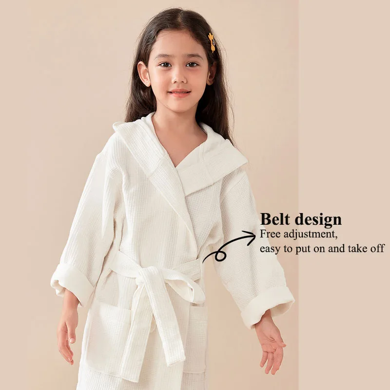 100% Cotton Waffle Kids Hooded Bathrobe Thick Soft Belted Homewear Sleepwear for Girls Boys Bear Solid Design