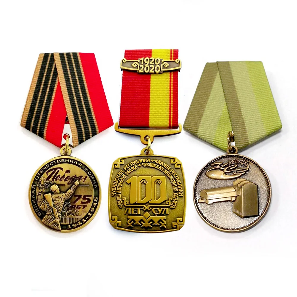 Customized commemorative medals from Chinese factories, high-quality double-sided electroplated ancient gold medals with ribbon