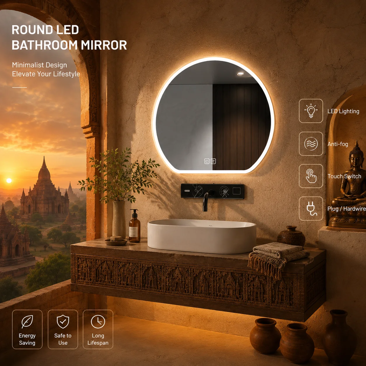 40CM Semi Round LED Bathroom Mirror, Aluminum Frame Vanity Mirror, Touch Switch, 3 Color Dimmable, AC110-240V, IP44 Waterproof