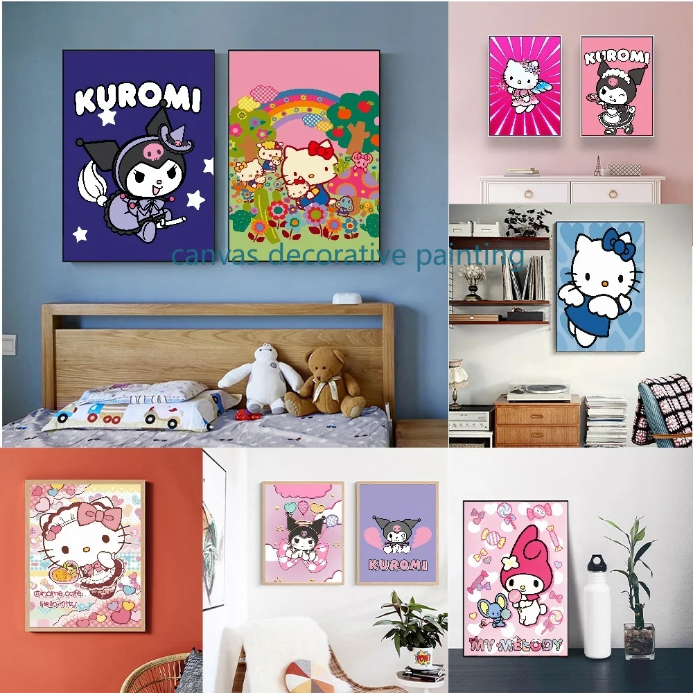

MINISO Sanrio High Quality Canvas Painting Hello Kitty Kuromi Kawaii Cartoon Art Posters Pink Blue Girl Room Decor Painting Gift