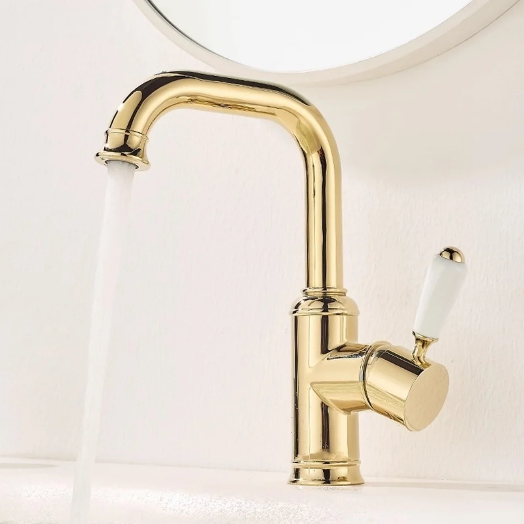 

Gold Basin Faucets Antique Bathroom Faucet Hot & Cold Brass Bathroom Sink Faucet Deck Mounted Lavotory Faucet Mixer Water Tap