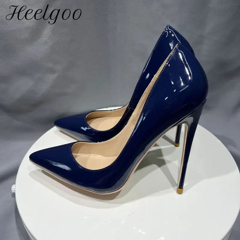 Heelgoo 2025 Sexy 12cm 10cm 8cm  Glossy Navy Women Pointy Toe High Heel Shoes Comfortable Classic Formal Dress Stiletto Pumps
