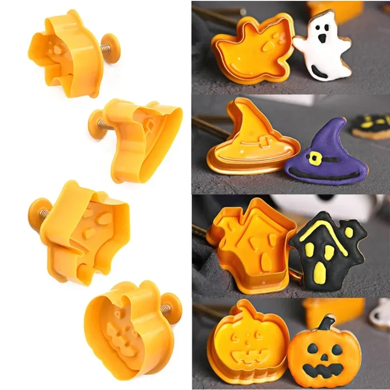 4pcs Halloween Pumpkin Ghost Theme Plastic Cookie Cutter Plunger Fondant Sugarcraft Chocolate Mold Cake Decorating Tools cuisine