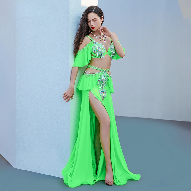 Top Egyptian BellyDance Costume Set Exquisite Pearl Bra+rhinestone Split Long Skirt Women Oriental Dance Performance Costumes