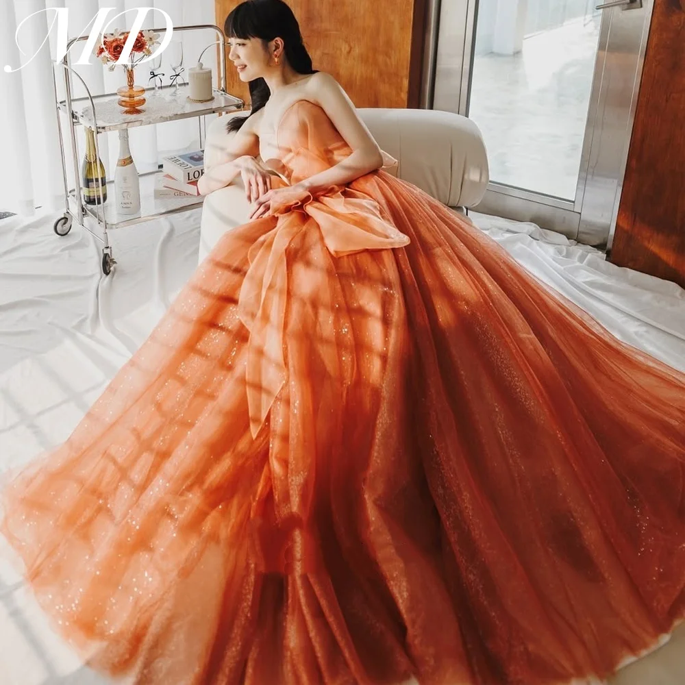 MD 2025 Fairy Orange Strapless Evening Dress Tulle Pleat Korea Photoshoot Floor Length Evening Gown Corset Customised 웨딩드레스
