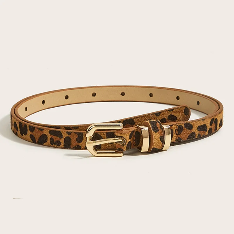 Retro Leopard Print Leather Thin Belt for Women Metal Buckle Waist Strap Designer Female Trouser Dress Coat Decoration Waistband