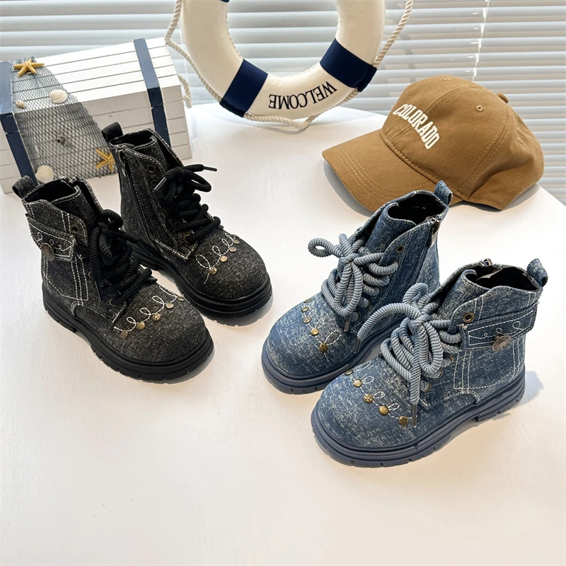 Kids Riding Boots for Boys Girls 2025 New Autumn Winter Retro Denim Ankle Boots Non-slip Classic Chic Kids Outdoor Hiking Boots