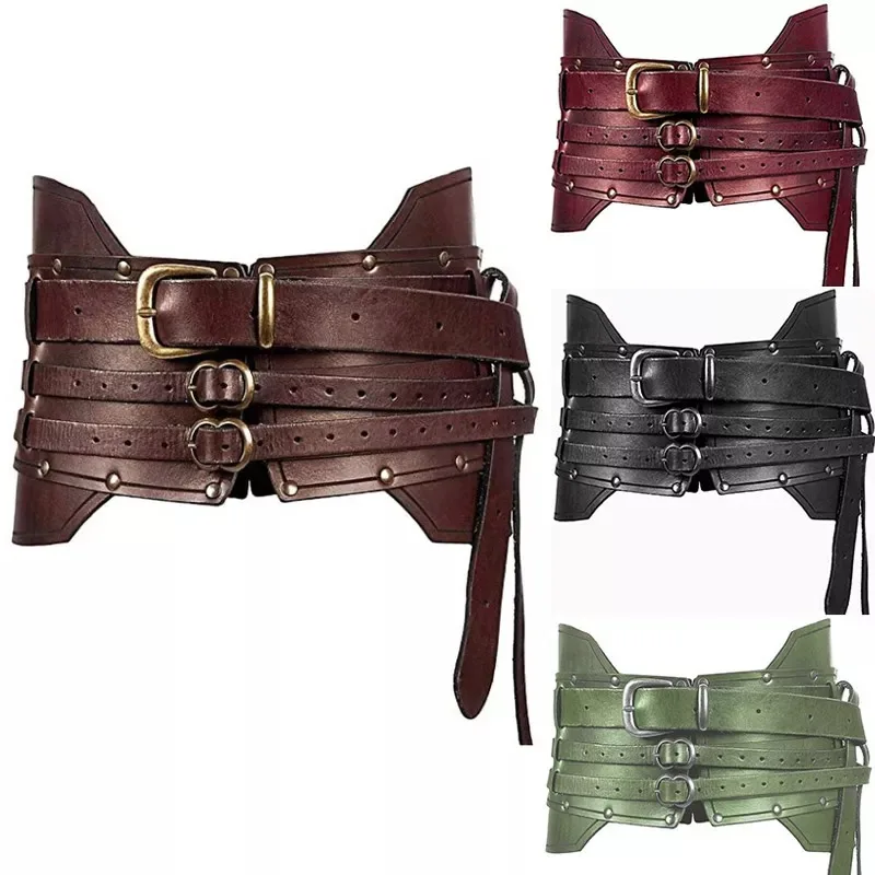 Cinturón de cuero PU ancho Medieval para hombres y mujeres, disfraz de armadura de caballero pirata Vikingo, accesorio de Cosplay Steampunk, pretina renacentista