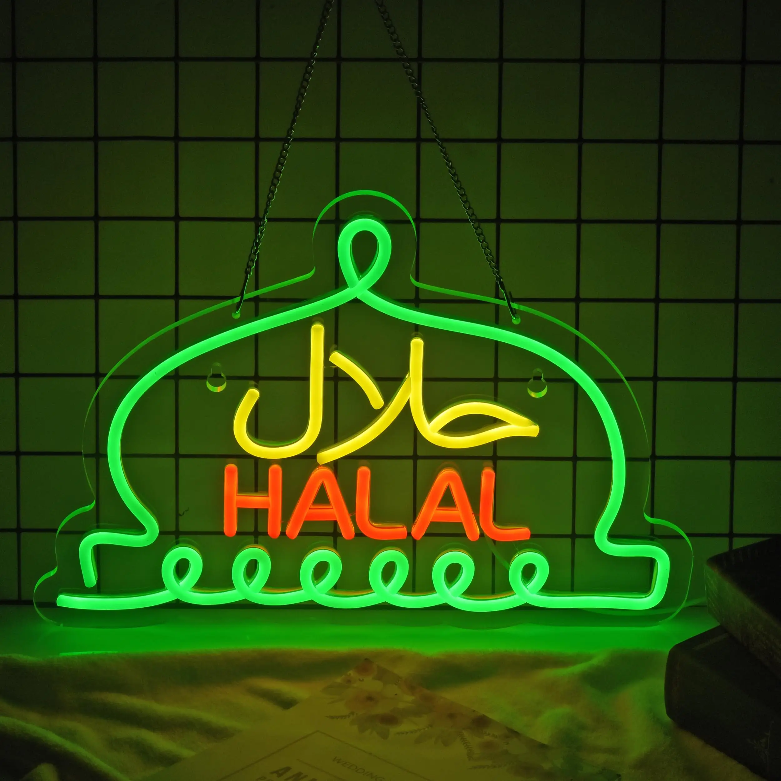 Halal Neon Sign Arabic Restaurant Decor Dimmable USB Powered LED Light for Business Store Wall Islamic Gift
