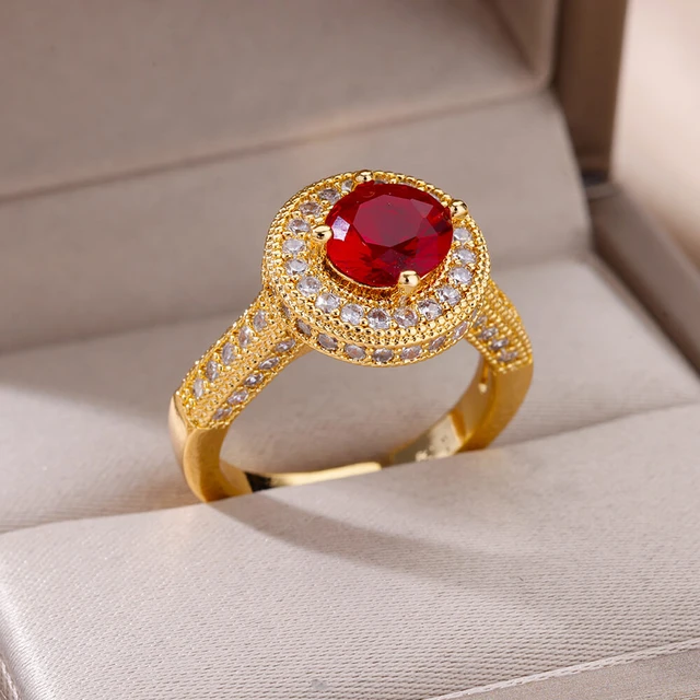 Red Zircon Round Stone Rings For Women Stainless Steel Adjustable Round Ring 2023 Trending Wedding Jewelry free shipping anillos AliExpress