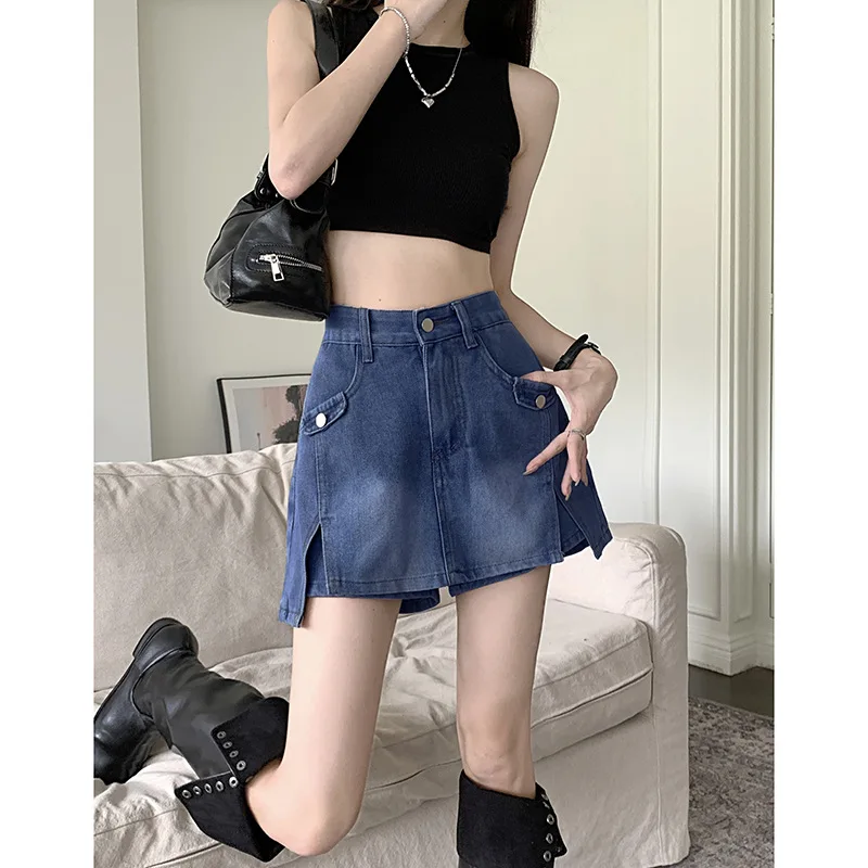 통근자 성격 불규칙한 데님 짧은 스커트 여성용, 여름 한국 디자인 센스, 하이 웨이스트 슬림 힙 랩 A 라인 반바지